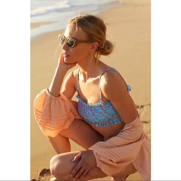 NEW Anthropologie Solid & Striped Strapless Indigo Floral Smocked Bikini X-Large - Picture 4 of 5